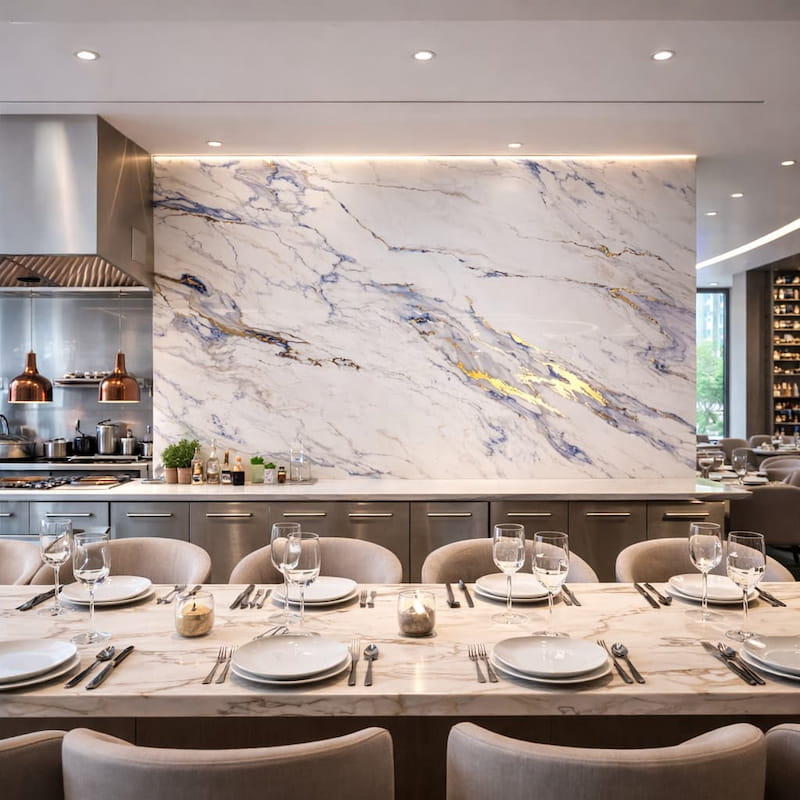 Cucina luminosa con rivestimento parete effetto pietra grigio caldo